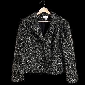 Newport News Women’s Wool Blend Jacket Blazer Coat Black Ivory Flecks Lined 16